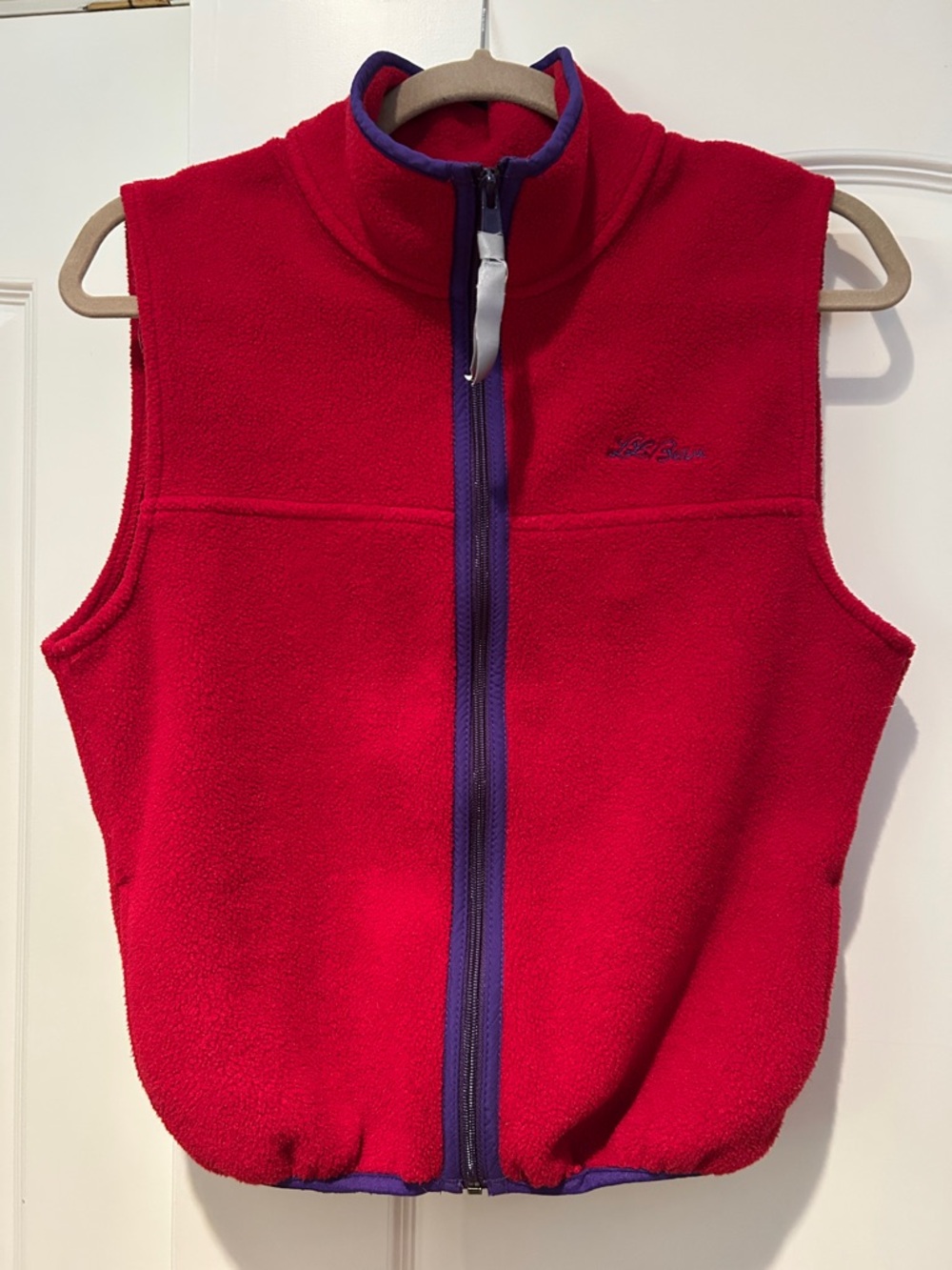 L.L. Bean retro Red Fleece Zip-Up Vest with Purple Trim